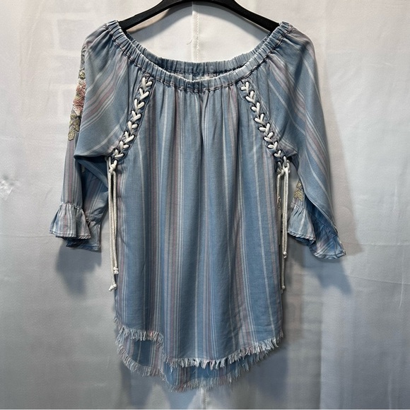 Blue & Pink Striped Off-Shoulder Embroidered Peasant Hippie Lace Up Blouse Sz S - Picture 5 of 9
